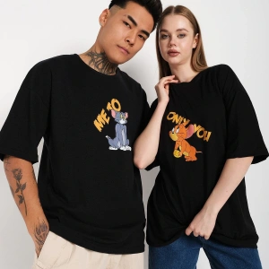 Siyah Unisex Ikili Me To Only You Baskılı Oversize T-shirt