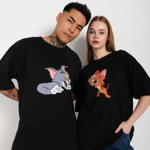 Siyah Unisex Ikili Tom Ve Jery Baskılı Oversize T-shirt