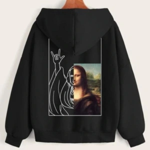 Siyah Unisex Mona Lisa Baskılı Fermuarlı Kapşonlu Oversize Sweat Ceket