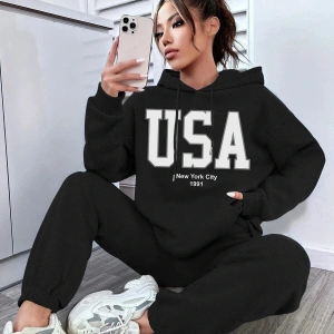 Siyah Usa Dijital Baskılı Kışlık UNİSEX Eşofman Takımı