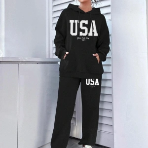 Siyah Usa Dijital Baskılı Kışlık UNİSEX Eşofman Takımı