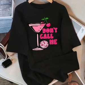 Siyah Yaz an Çilek Kokteyl Baskı Üstleri Yumuşak O-Boyun T Tüm Maç Gi