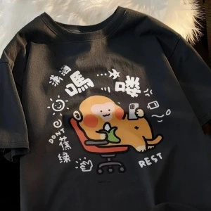 Siyah yeni kurbağa evrimi baskı japon Retro streetwear yaz Tee Vintage