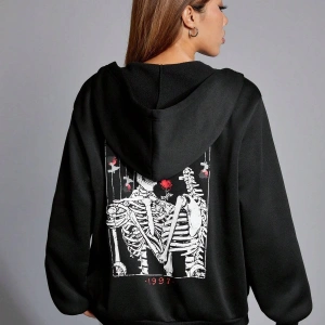 Skeleton & Letter Graphic Zip Up Hoodie Siyah