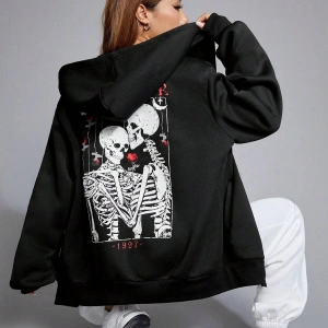 Skeleton & Letter Graphic Zip Up Hoodie Siyah