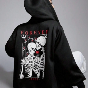 Skeleton & Letter Graphic Zip Up Hoodie Siyah