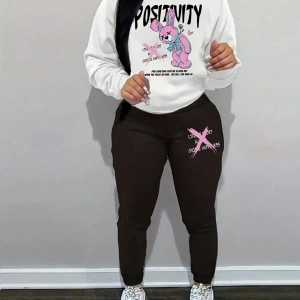 Slayr Kadın Karikatür Mektup Baskılı Kazak Sweatshirt Ve Eşofman Altı İki Parça Set