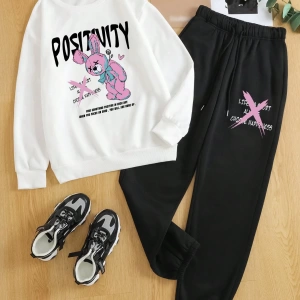 Slayr Kadın Karikatür Mektup Baskılı Kazak Sweatshirt Ve Eşofman Altı İki Parça Set