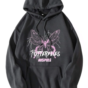 Slogan And Butterfly Print Drawstring Kangaroo Pocket Hoodie Gri
