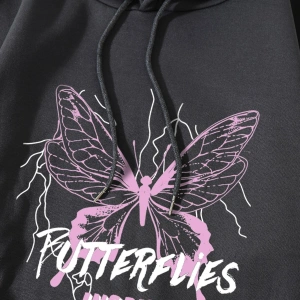 Slogan And Butterfly Print Drawstring Kangaroo Pocket Hoodie Gri