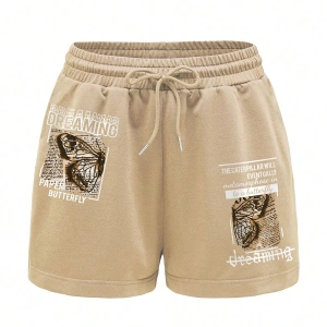 Slogan & Butterfly Graphic Drawstring Waist Şort