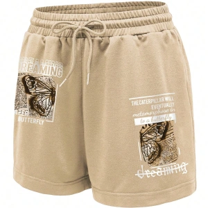 Slogan & Butterfly Graphic Drawstring Waist Şort