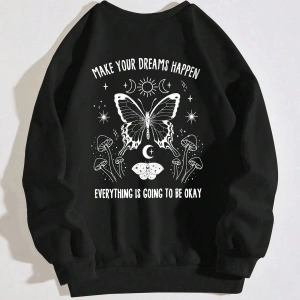 Slogan & Butterfly Print Pullover Siyah