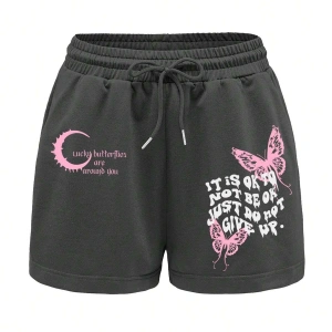 Slogan & Butterfly Print Tie Waist Şort