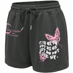 Slogan & Butterfly Print Tie Waist Şort