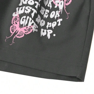 Slogan & Butterfly Print Tie Waist Şort