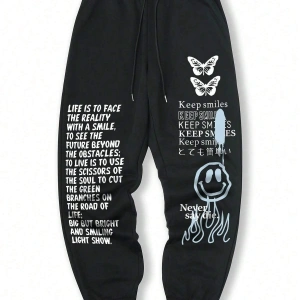 Slogan & Cartoon Graphic Drawstring Waist Eşofman Altı