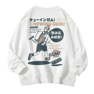 Slogan & Cartoon Graphic Drop Shoulder Sweatshirt Beyaz