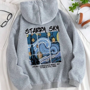 Slogan Grafikli Büzgülü Kapüşonlu Üst Gri