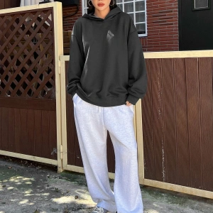 Slogan Grafikli Damla Omuzlu Kapüşonlu Üst Gri