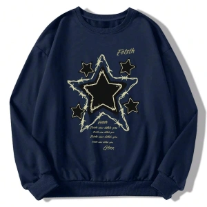 Slogan Grafikli Düşük Omuz Oversize Sweat Lacivert