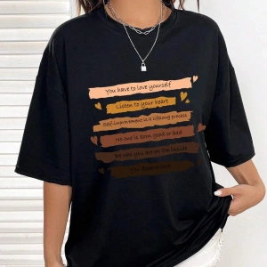 Slogan Grafikli Düşük Omuzlu Tişört