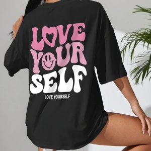 Slogan Grafikli Düşük Omuzlu Tişört