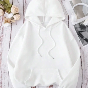 Slogan Grafikli Kanguru Cepli Büzgülü Kapüşonlu Üst Beyaz