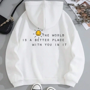 Slogan Graphic Drawstring Lined Kangaroo Pocket Hoodie Beyaz