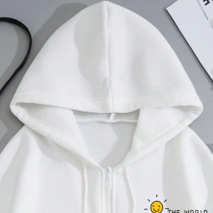 Slogan Graphic Drawstring Lined Kangaroo Pocket Hoodie Beyaz