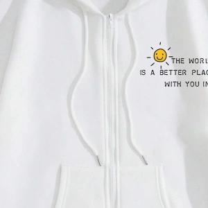 Slogan Graphic Drawstring Lined Kangaroo Pocket Hoodie Beyaz