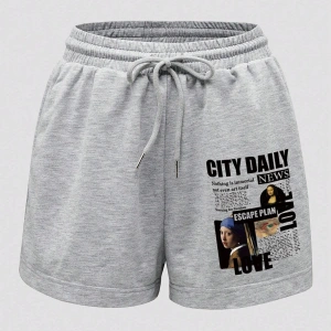 Slogan Graphic Drawstring Waist Track Şort