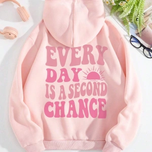 Slogan Graphic Kangaroo Pocket Drawstring Hoodie Pembe