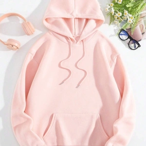 Slogan Graphic Kangaroo Pocket Drawstring Hoodie Pembe