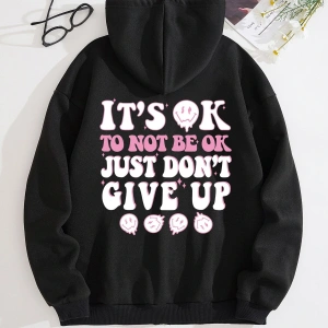 Slogan Graphic Zip Up Drawstring Lined Hoodie Siyah