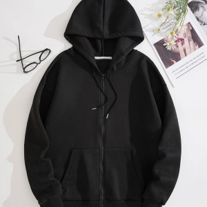 Slogan Graphic Zip Up Drawstring Lined Hoodie Siyah