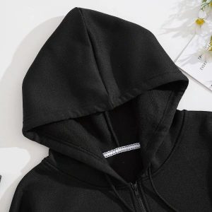Slogan Graphic Zip Up Drawstring Lined Hoodie Siyah