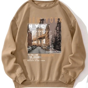 Slogan & Picture Print Lined Sweatshirt Haki