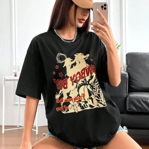 Slogan & Şekil Grafikli Düşük Omuzlu Tişört