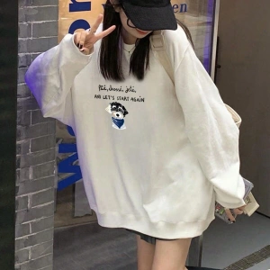 Slogan ve Karikatür Grafikli Düşük Omuz Oversize Sweat Beyaz