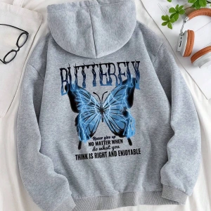 Slogan ve Kelebek Baskılı Kanguru Cepli İpli Kapşonlu Gri