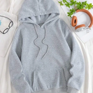 Slogan ve Kelebek Baskılı Kanguru Cepli İpli Kapşonlu Gri