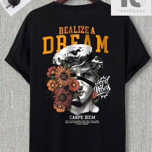 Sloganlı Erkek Heykel Baskılı T-shirt