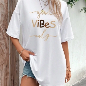 Sloganlı Grafik Düşük Omuz Tişört