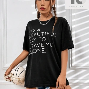 Sloganlı Grafik Düşük Omuz Tişört