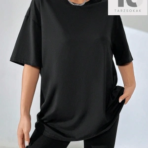 Sloganlı Grafik Düşük Omuz Tişört