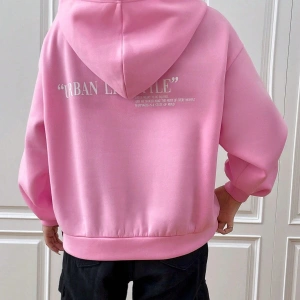 Sloganlı Grafik Düşük Omuzlu Kapüşonlu Üst Pembe
