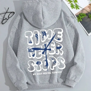 Sloganlı Grafik İpli Kapüşonlu Üst Gri