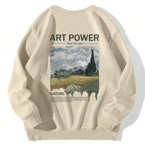 Sloganlı ve Dağ Baskılı Sweatshirt Bej