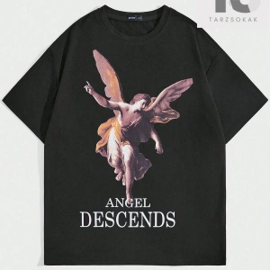 Sloganlı ve Melek Desenli Erkek Baskılı Yuvarlak Yaka T-Shirt